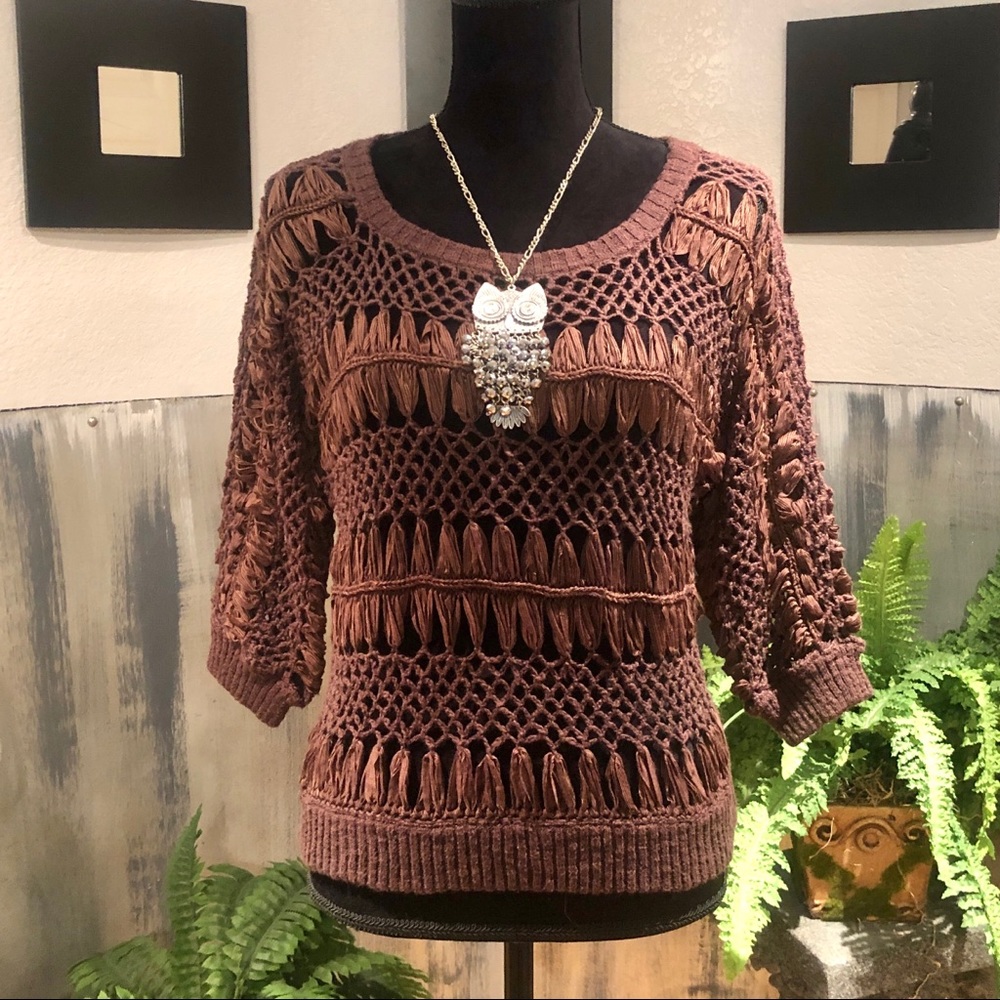Brown Crochet ¾ Sleeve Sweater Sz Small Petite (B3)
